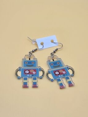 Kids Jewelry Teal Robot Dangle Earrings with Red Accents